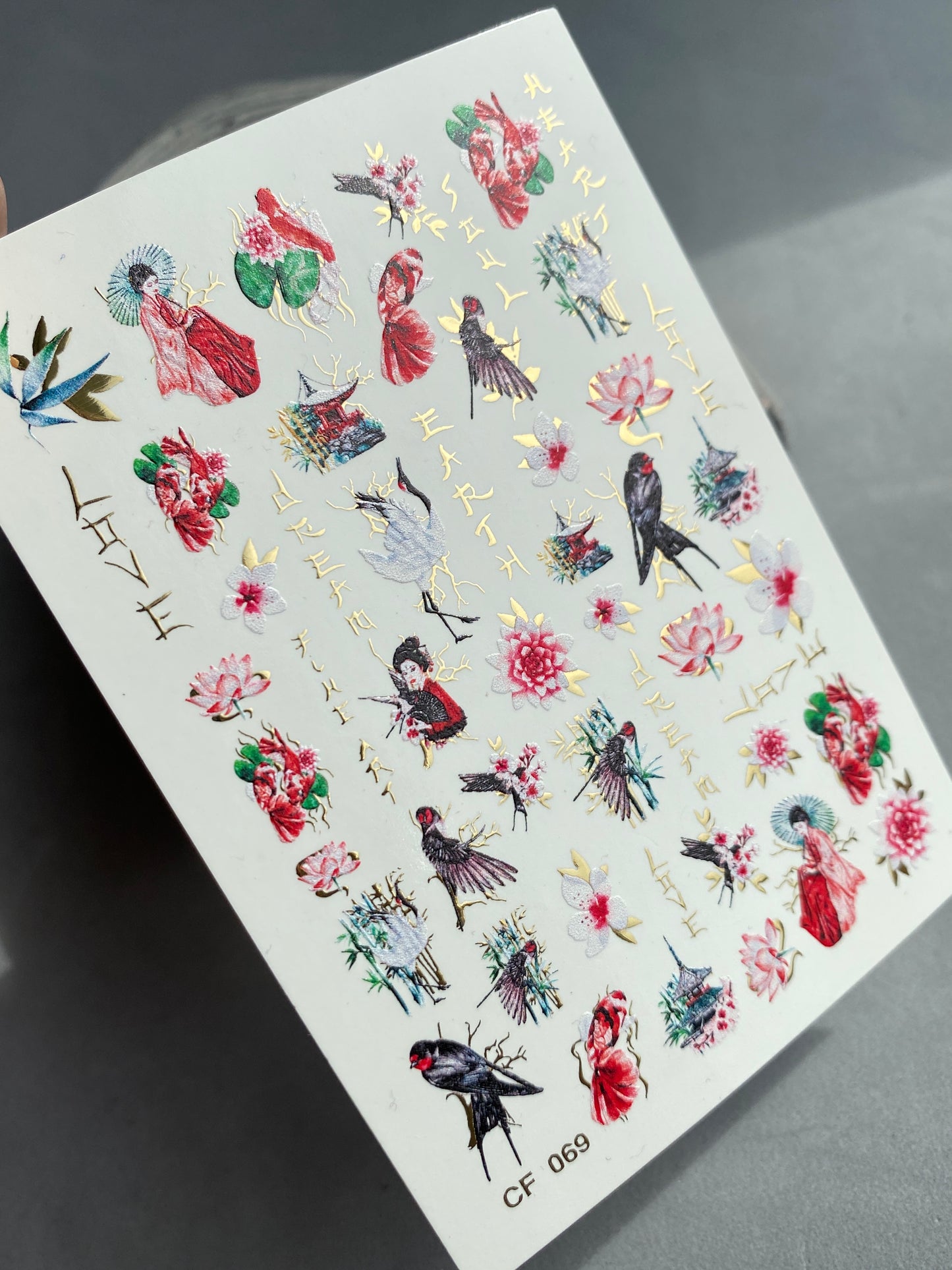 Nail Water Decal CF-069 | Japanese Water Slide Nail Decals | Geisha, Swallows, Lotus Flowers and Oriental Nail Art