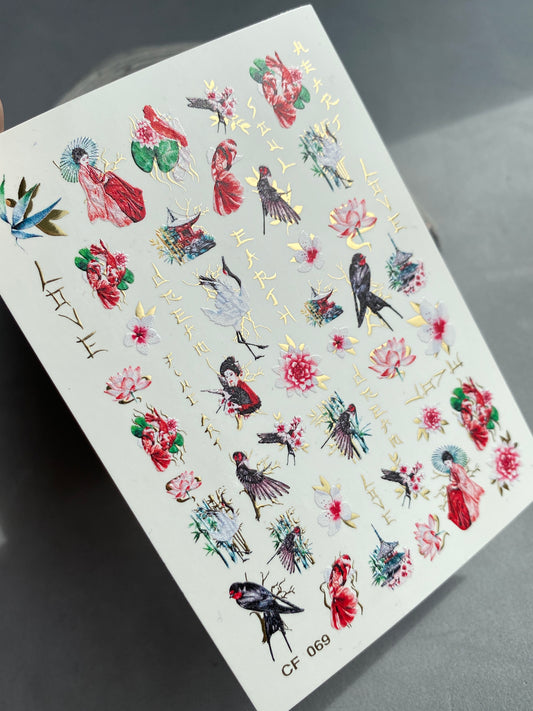 Nail Water Decal CF-069 | Japanese Water Slide Nail Decals | Geisha, Swallows, Lotus Flowers and Oriental Nail Art