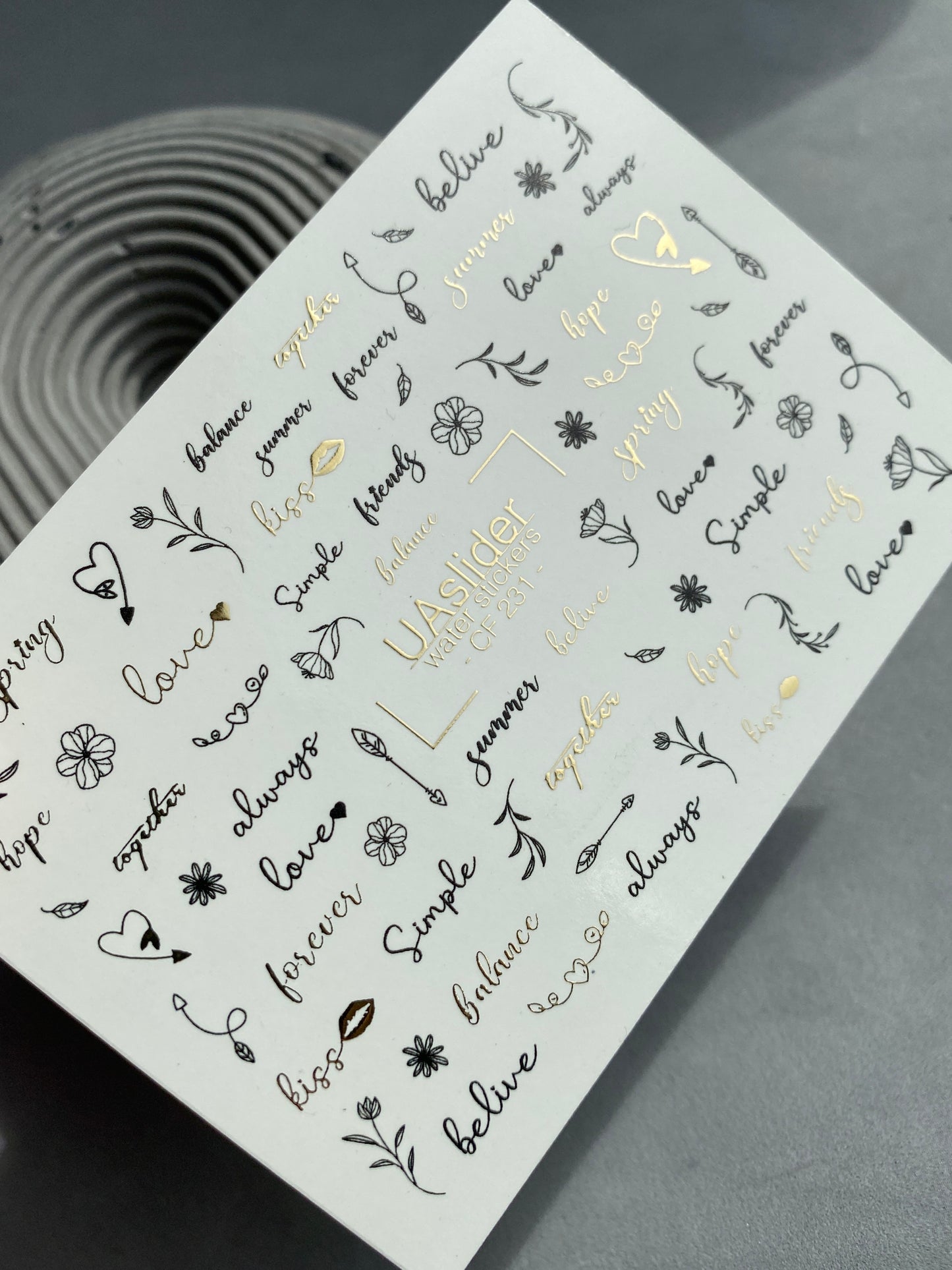 Nail Water Decal CF-231 | Minimalist Water Slide Nail Decals | Lettering, Flowers & Gold Accents