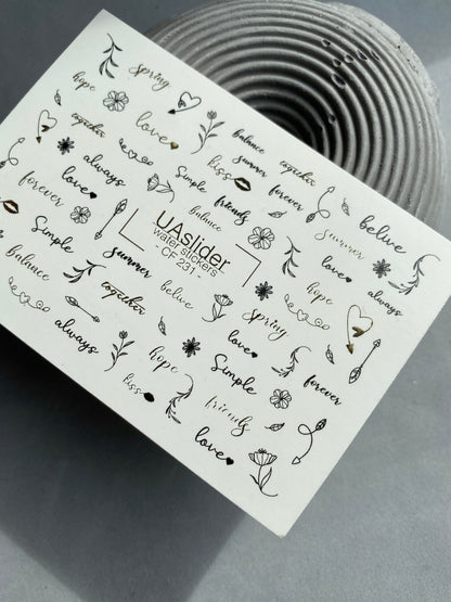 Nail Water Decal CF-231 | Minimalist Water Slide Nail Decals | Lettering, Flowers & Gold Accents