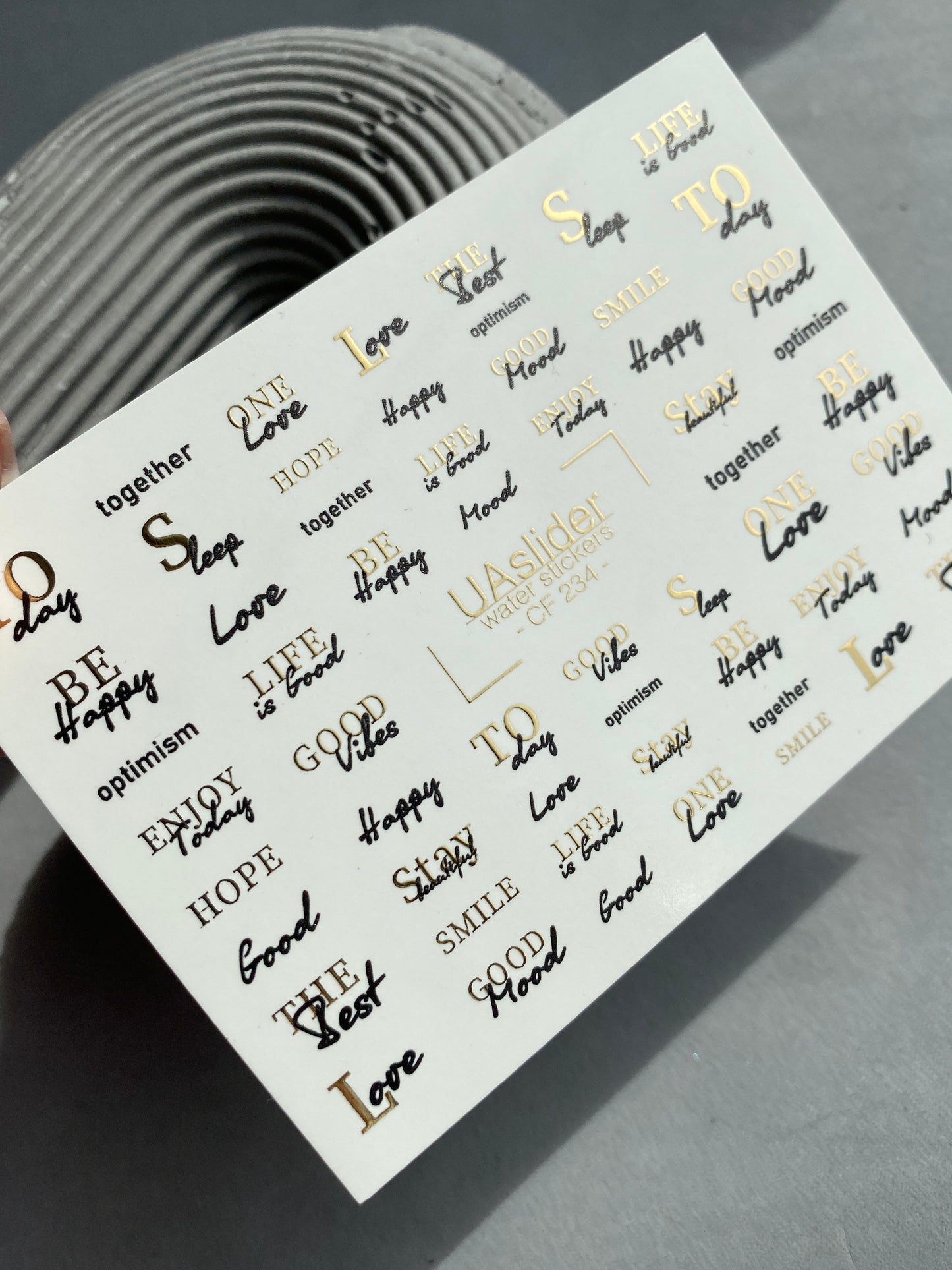 Vodní nálepky na nehty CF-234 | Vodní nálepky na nehty s písmeny | Pozitivní citáty a zlaté detaily