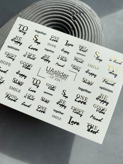 Vodní nálepky na nehty CF-234 | Vodní nálepky na nehty s písmeny | Pozitivní citáty a zlaté detaily
