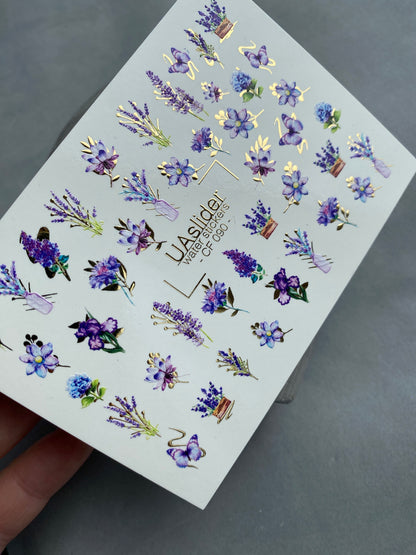 Nail Water Decal CF-090 | Lavender & Violet Floral Water Slide Nail Decals | Purple Flowers & Butterflies