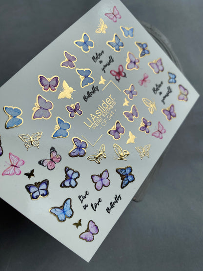 Nálepka na nehty CF-241 | Nálepky na nehty s motivem motýlů | Růžoví a modří motýli se zlatou barvou