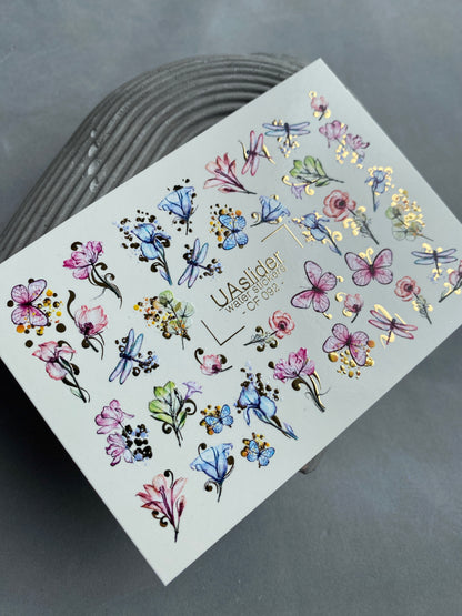 Nail Water Decal CF-092 | Watercolor Flowers & Dragonflies Nail Art Stickers | Floral Water Slide Decals