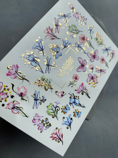 Nail Water Decal CF-092 | Watercolor Flowers & Dragonflies Nail Art Stickers | Floral Water Slide Decals