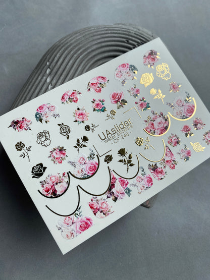 Nagų vandens lipdukas CF-248 | Gėlių nagų vandens lipdukai | Rožinės rožės su auksiniais akcentais