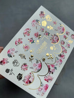 Nail Water Decal CF-248 | Floral Nail Water Decals | Pink Roses with Gold Accents - UASLIDER