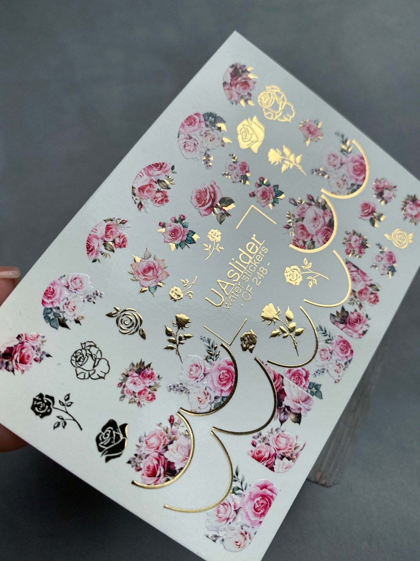 Nail Water Decal CF-248 | Floral Nail Water Decals | Pink Roses with Gold Accents - UASLIDER