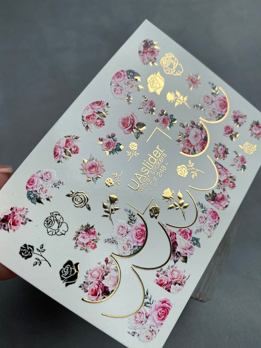 Nail Water Decal CF-248 | Floral Nail Water Decals | Pink Roses with Gold Accents