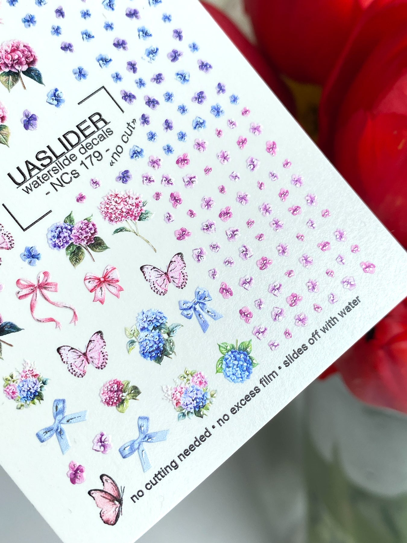 Floral Nail Decals — Hydrangea, Pink Bows & Butterflies | NCs-179