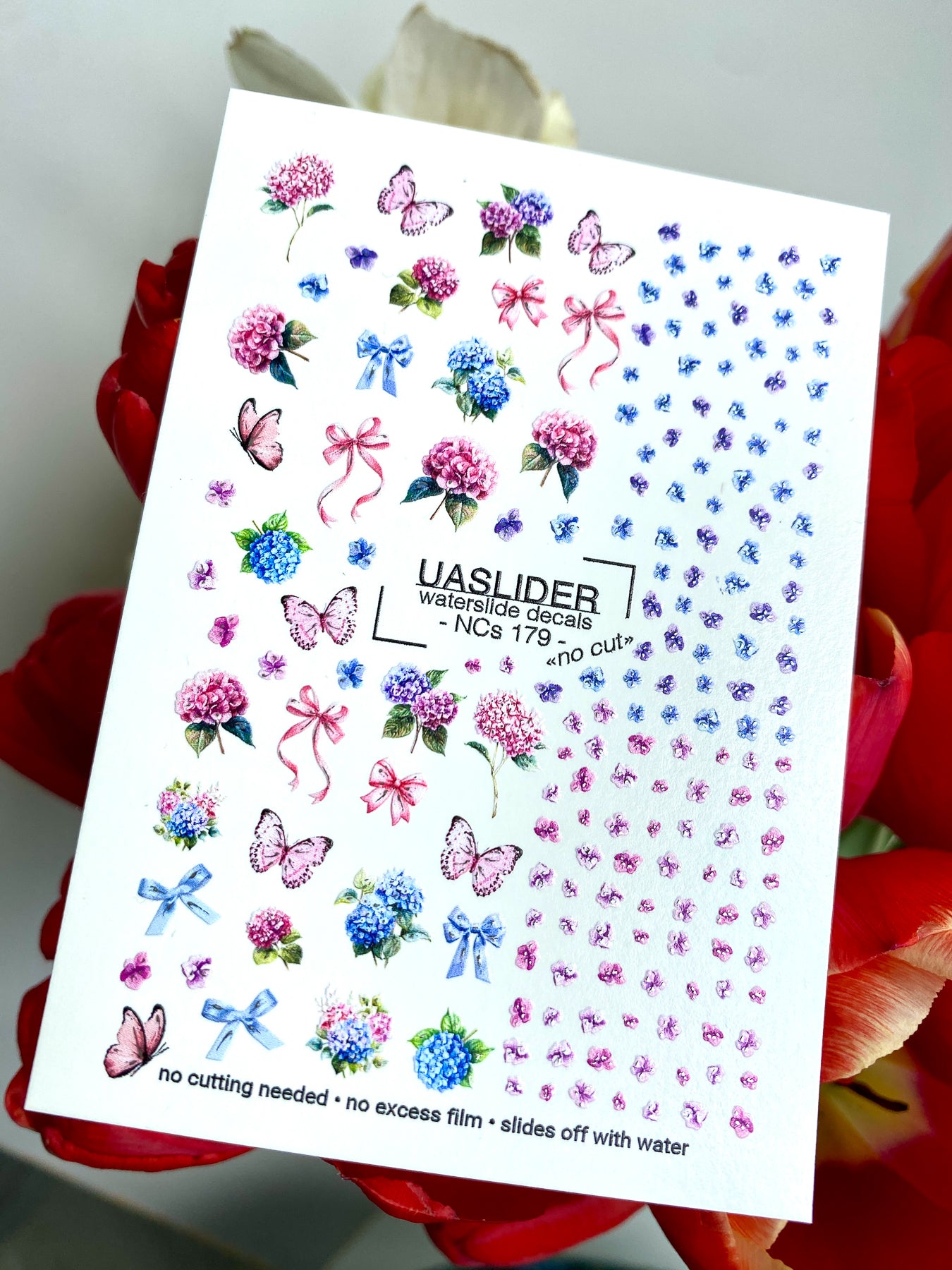 Floral Nail Decals — Hydrangea, Pink Bows & Butterflies | NCs-179
