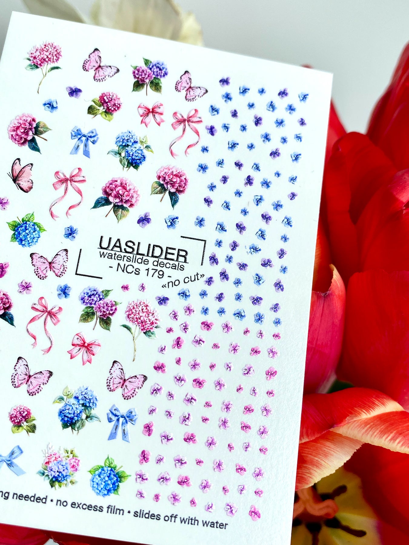 Floral Nail Decals — Hydrangea, Pink Bows & Butterflies | NCs-179