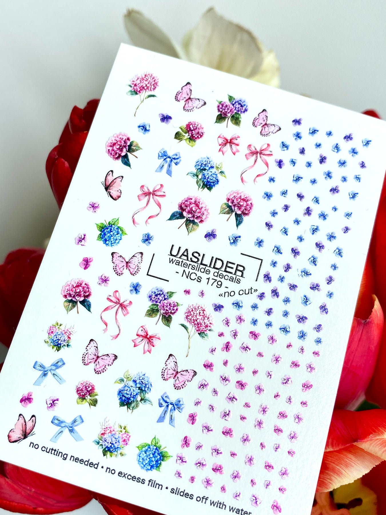 Floral Nail Decals — Hydrangea, Pink Bows & Butterflies | NCs-179