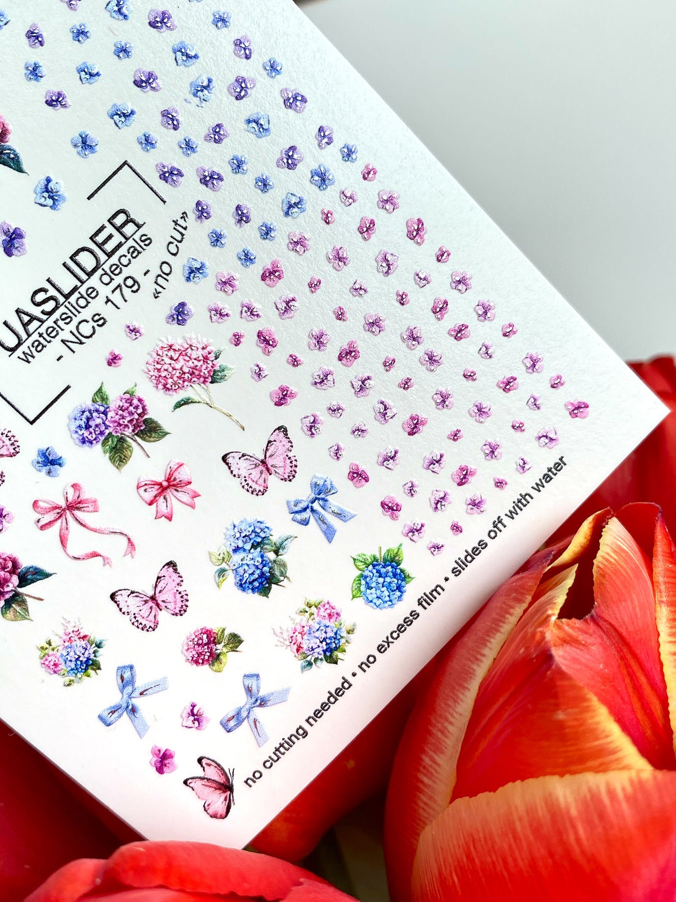 Floral Nail Decals — Hydrangea, Pink Bows & Butterflies | NCs-179