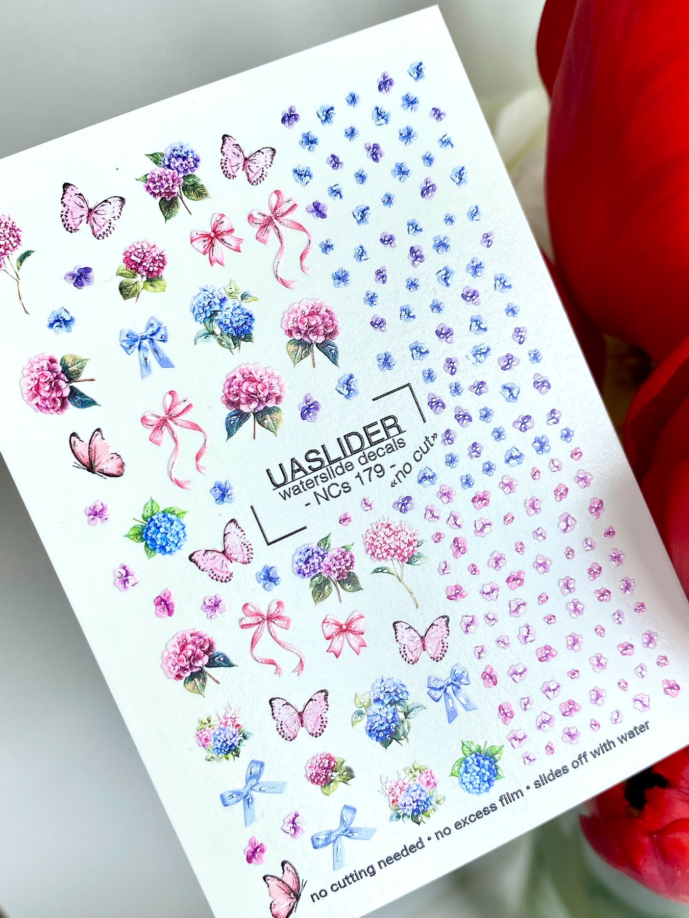 Floral Nail Decals — Hydrangea, Pink Bows & Butterflies | NCs-179