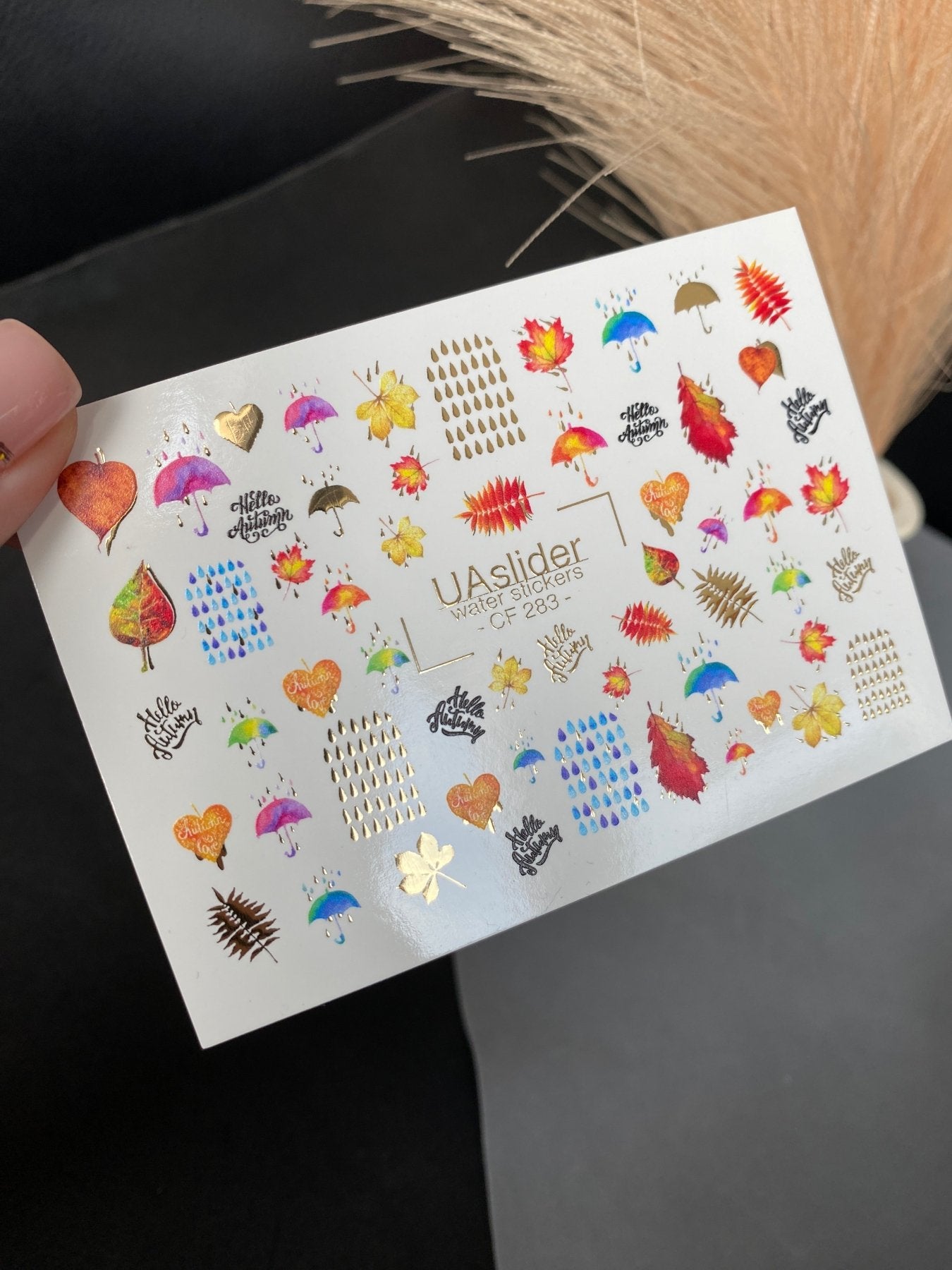Nail Water Decal CF-283 | Autumn Rain Water Slide Nail Decals | Umbrellas, Leaves & Raindrops - UASLIDER