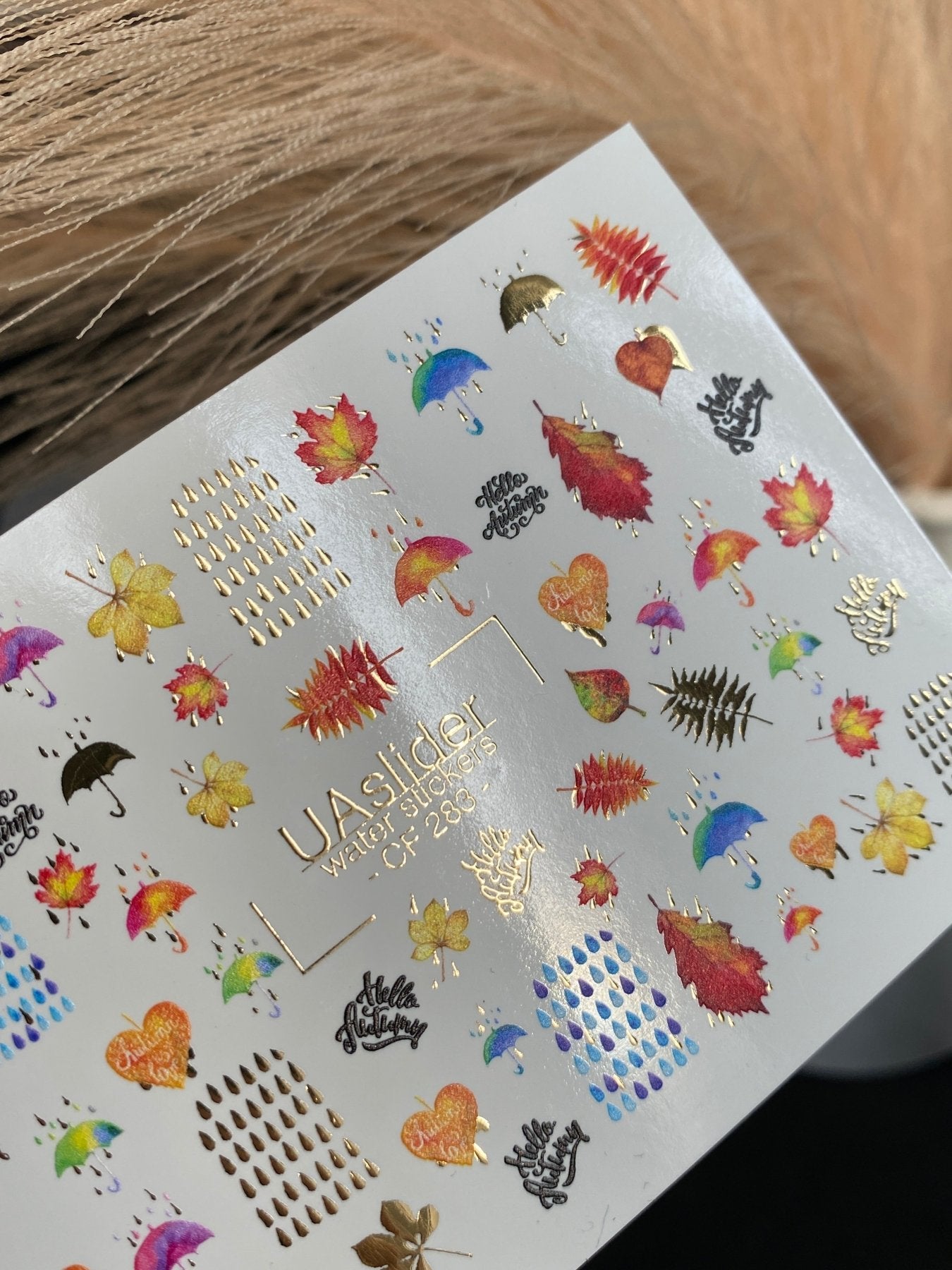 Nail Water Decal CF-283 | Autumn Rain Water Slide Nail Decals | Umbrellas, Leaves & Raindrops - UASLIDER