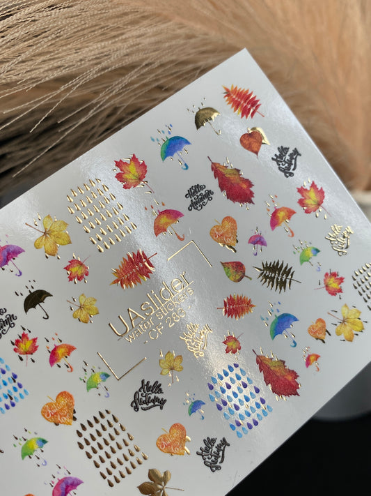 Nail Water Decal CF-283 | Autumn Rain Water Slide Nail Decals | Umbrellas, Leaves & Raindrops