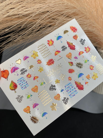 Nail Water Decal CF-283 | Autumn Rain Water Slide Nail Decals | Umbrellas, Leaves & Raindrops