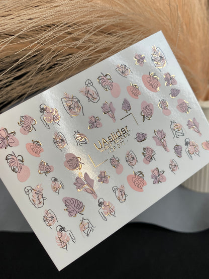 Nail Water Decal CF-277 | Abstract Water Slide Nail Decals | Female Silhouettes, Tropical Leaves & Gold Accents