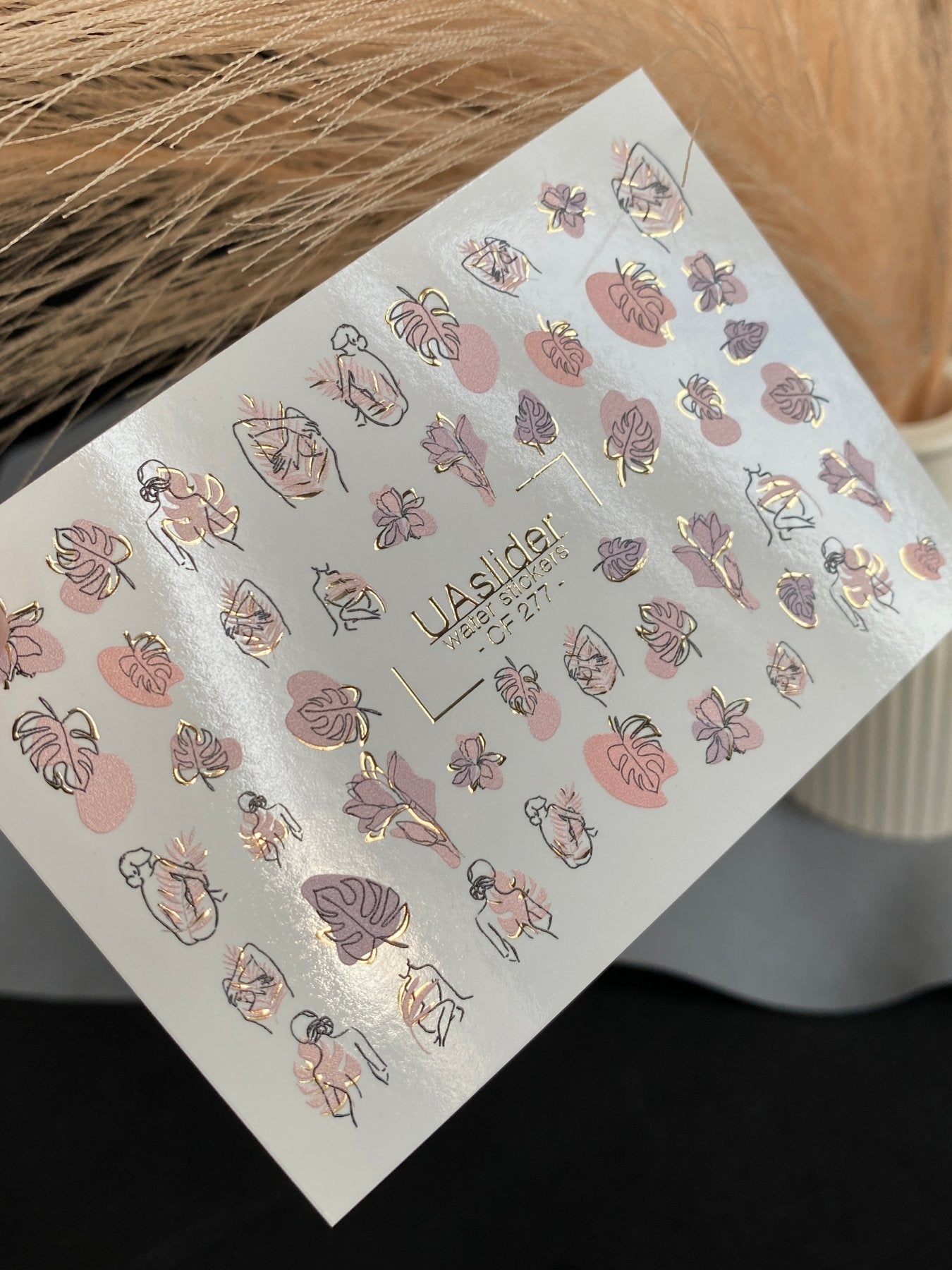 Nail Water Decal CF-277 | Abstract Water Slide Nail Decals | Female Silhouettes, Tropical Leaves & Gold Accents - UASLIDER