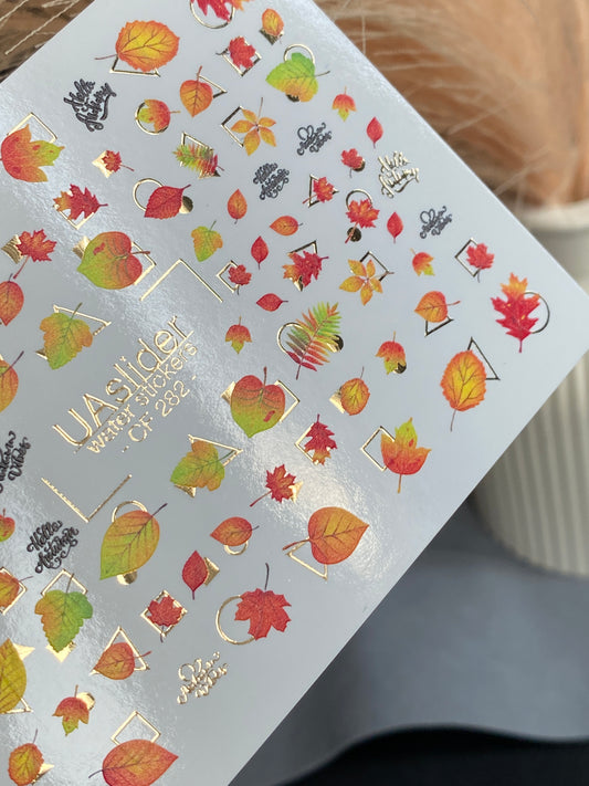 Nail Water Decal CF-282 | Autumn Water Slide Nail Decals | Fall Leaves & Geometric Frames