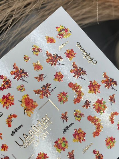 Nail Water Decal CF-281 | Autumn Floral Water Slide Nail Decals | Fall Bouquets & Leaves