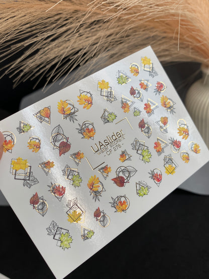 Nail Water Decal CF-278 | Autumn Water Slide Nail Decals | Fall Leaves with Geometric Frames & Gold Accents