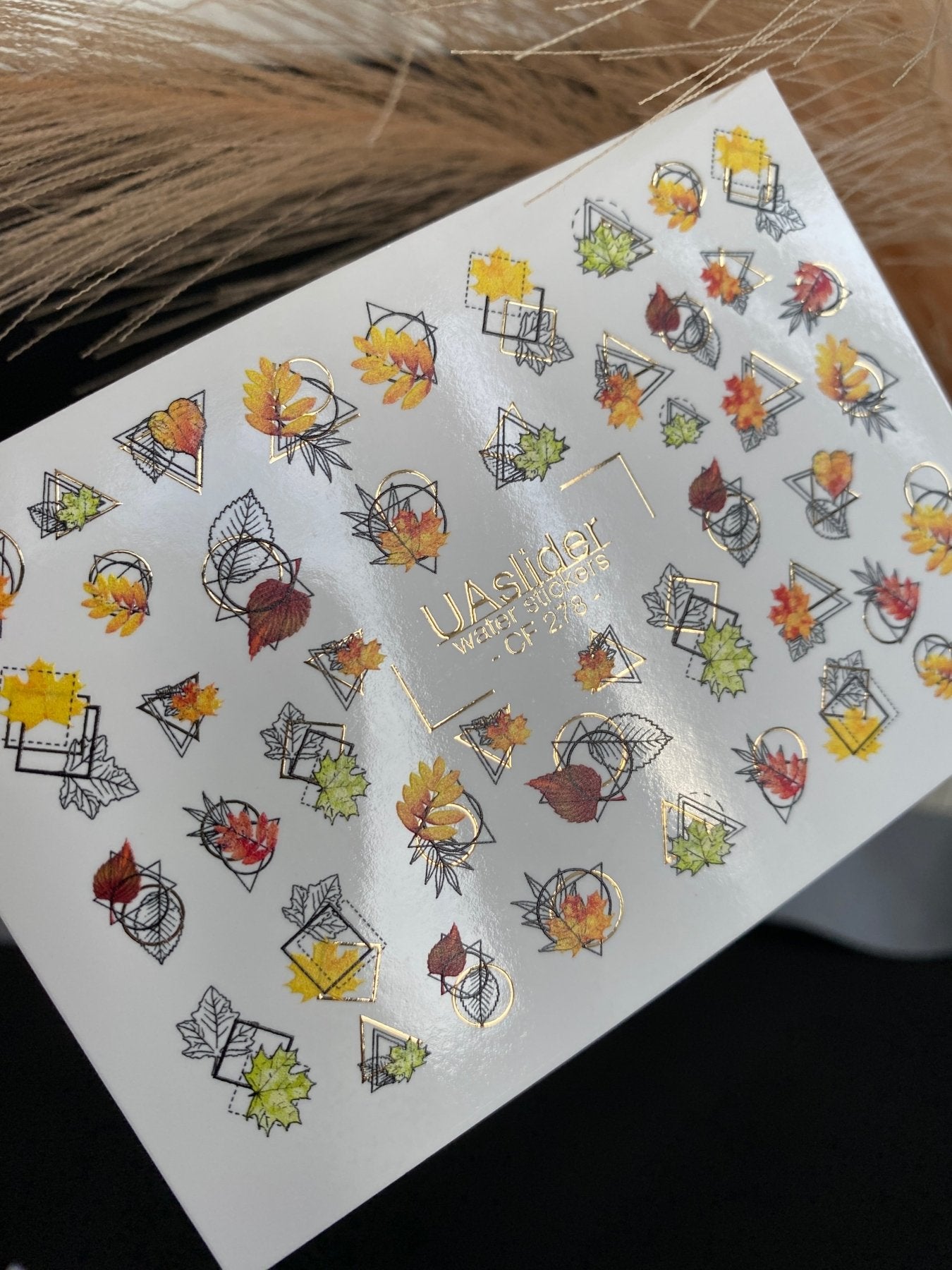 Nail Water Decal CF-278 | Autumn Water Slide Nail Decals | Fall Leaves with Geometric Frames & Gold Accents - UASLIDER