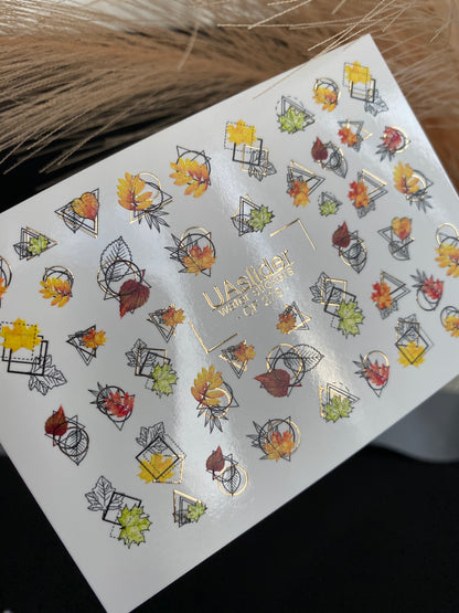 Nail Water Decal CF-278 | Autumn Water Slide Nail Decals | Fall Leaves with Geometric Frames & Gold Accents
