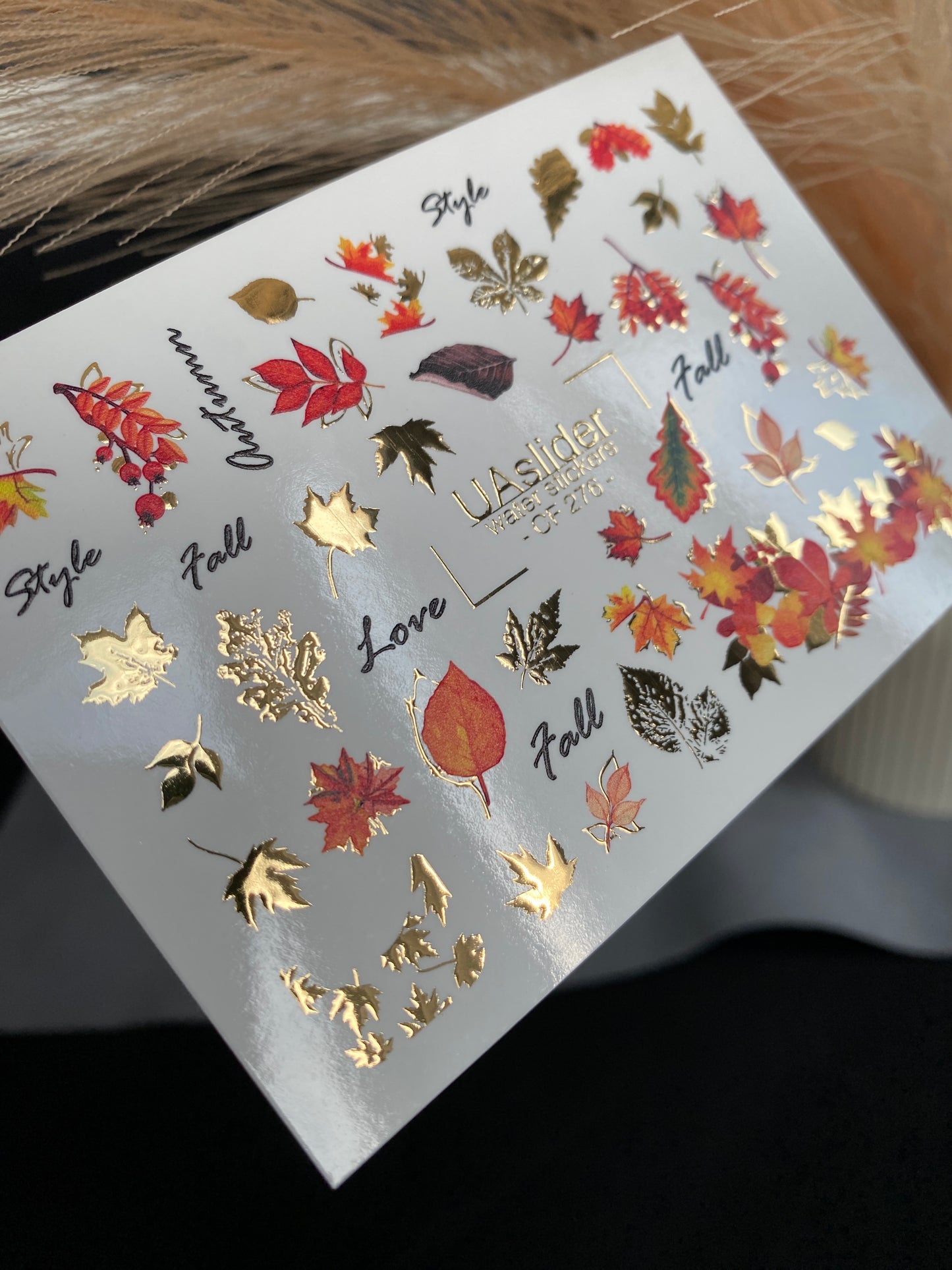 Nail Water Decal CF-276 | Autumn Water Slide Nail Decals | Fall Leaves, Gold Accents & Seasonal Quotes