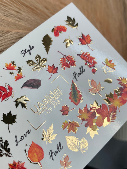 Nail Water Decal CF-276 | Autumn Water Slide Nail Decals | Fall Leaves, Gold Accents & Seasonal Quotes