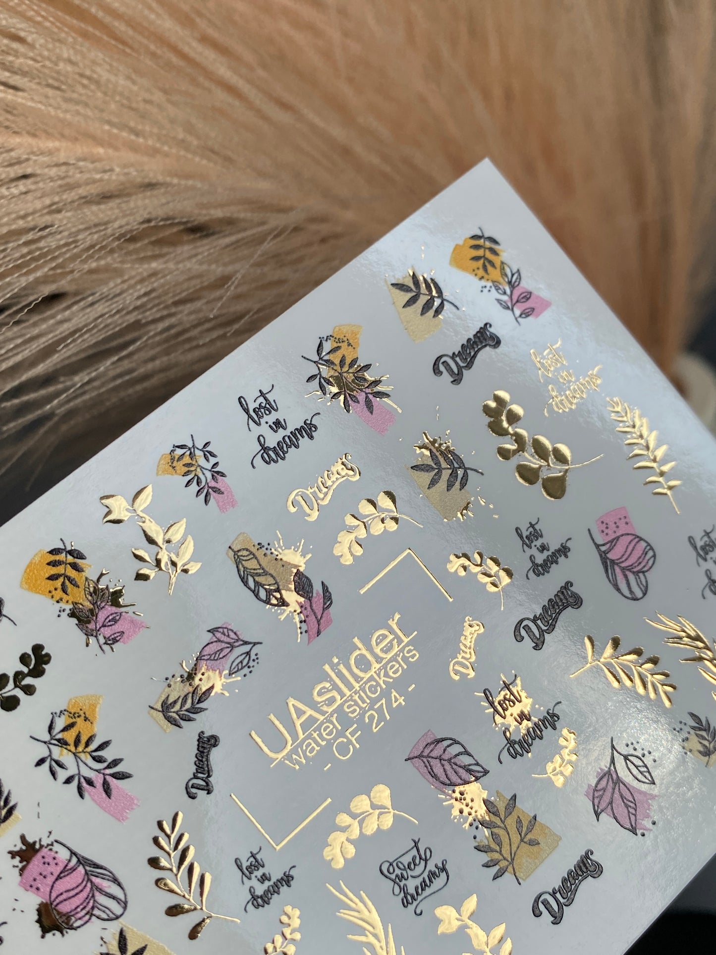 Nail Water Decal CF-274 | Botanical Water Slide Nail Decals | Leaves, Gold Accents & Dream Quotes