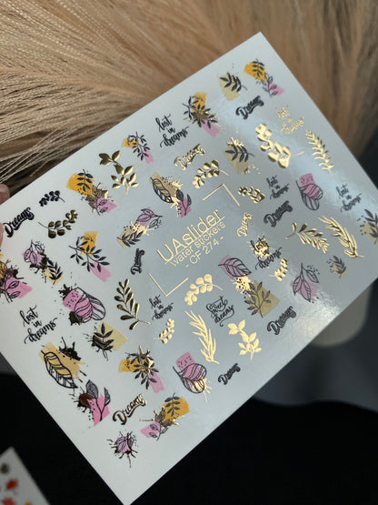 Nail Water Decal CF-274 | Botanical Water Slide Nail Decals | Leaves, Gold Accents & Dream Quotes
