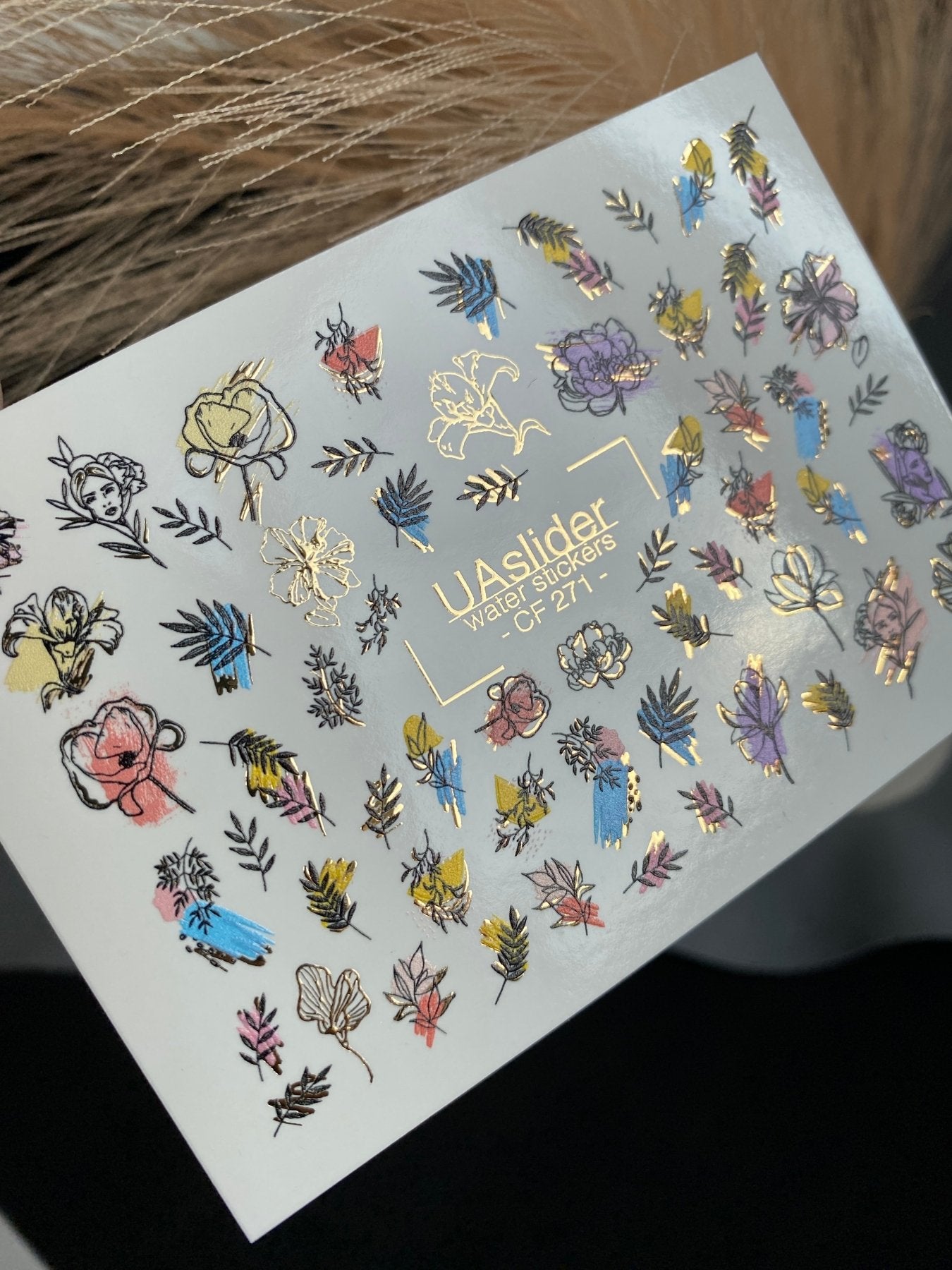 Nail Water Decal CF-271 | Floral Water Slide Nail Decals | Colorful Flowers & Gold Foil Accents - UASLIDER