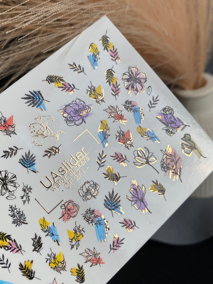 Nail Water Decal CF-271 | Floral Water Slide Nail Decals | Colorful Flowers & Gold Foil Accents