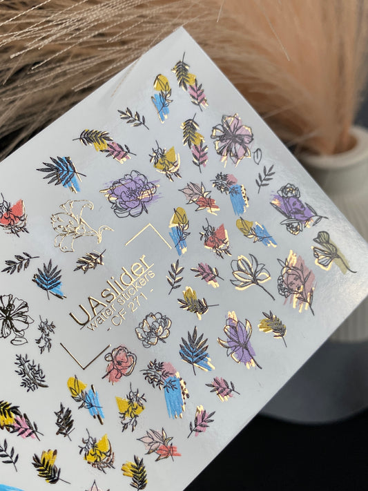 Nail Water Decal CF-271 | Floral Water Slide Nail Decals | Colorful Flowers & Gold Foil Accents