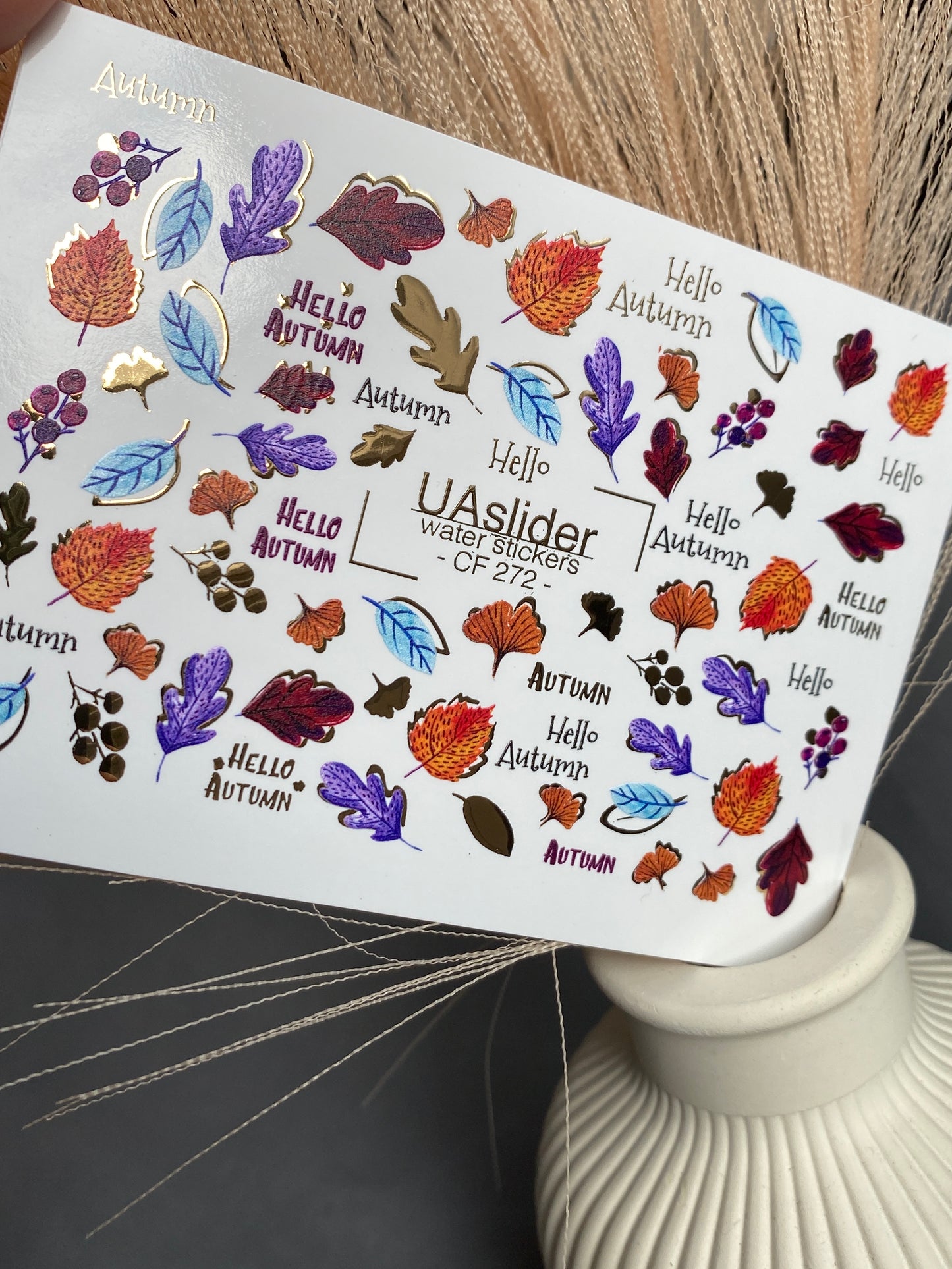 Nail Water Decal CF-272 | Autumn Water Slide Nail Decals | Colorful Fall Leaves & Hello Autumn Quotes