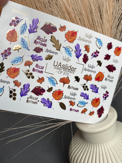 Nail Water Decal CF-272 | Autumn Water Slide Nail Decals | Colorful Fall Leaves & Hello Autumn Quotes