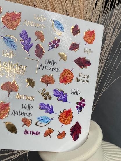 Nail Water Decal CF-272 | Autumn Water Slide Nail Decals | Colorful Fall Leaves & Hello Autumn Quotes