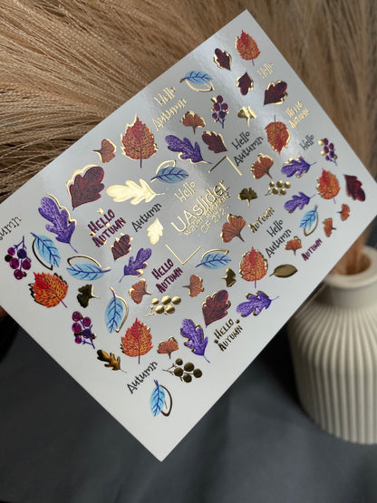 Nail Water Decal CF-272 | Autumn Water Slide Nail Decals | Colorful Fall Leaves & Hello Autumn Quotes