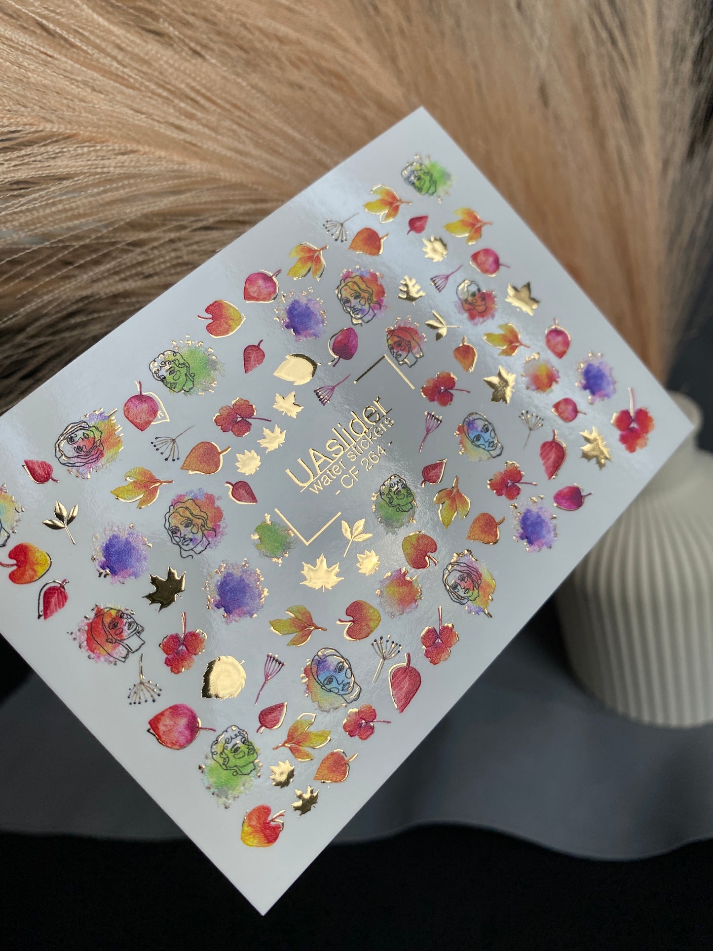 Nail Water Decal CF-264 | Autumn Water Slide Nail Decals | Abstract Faces, Leaves & Watercolor Accents