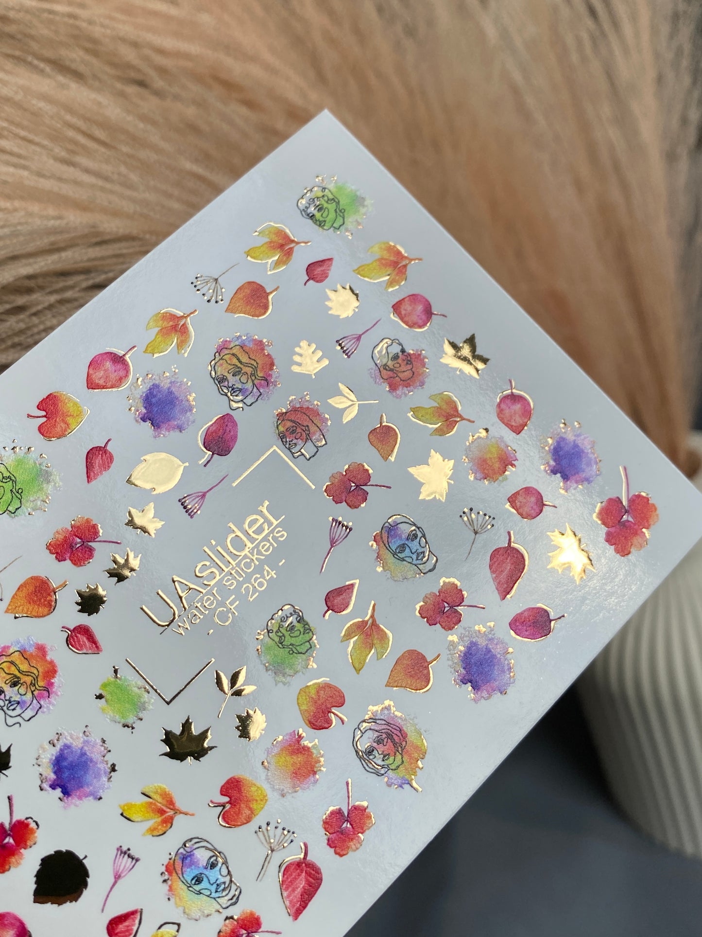 Nail Water Decal CF-264 | Autumn Water Slide Nail Decals | Abstract Faces, Leaves & Watercolor Accents