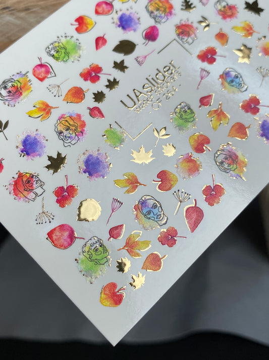 Nail Water Decal CF-264 | Autumn Water Slide Nail Decals | Abstract Faces, Leaves & Watercolor Accents