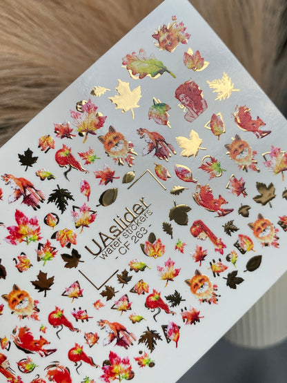 Nail Water Decal CF-263 | Autumn Water Slide Nail Decals | Foxes, Squirrels & Colorful Fall Leaves