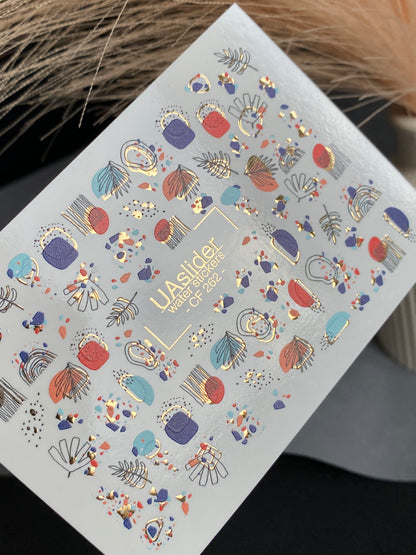 Nail Water Decal CF-262 | Abstract Water Slide Nail Decals | Geometric Shapes & Gold Foil Accents