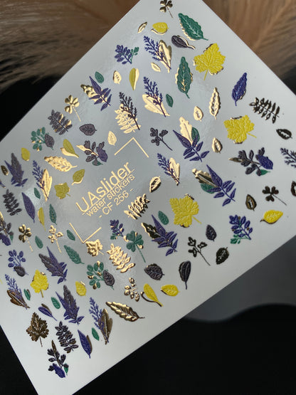 Nail Water Decal CF-256 | Botanical Water Slide Nail Decals | Yellow, Green & Blue Leaves with Gold Foil