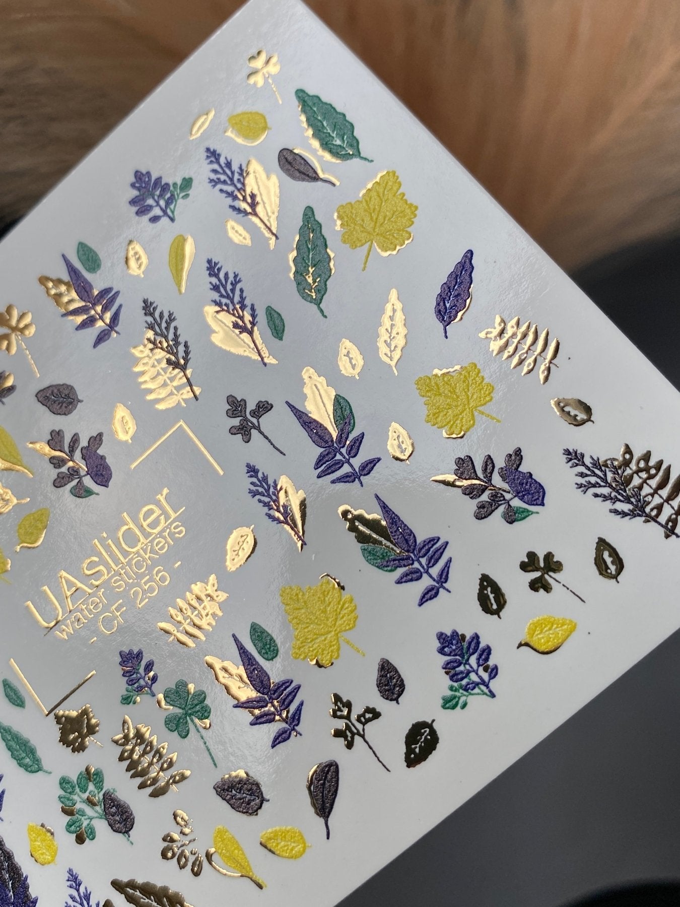 Nail Water Decal CF-256 | Botanical Water Slide Nail Decals | Yellow, Green & Blue Leaves with Gold Foil - UASLIDER