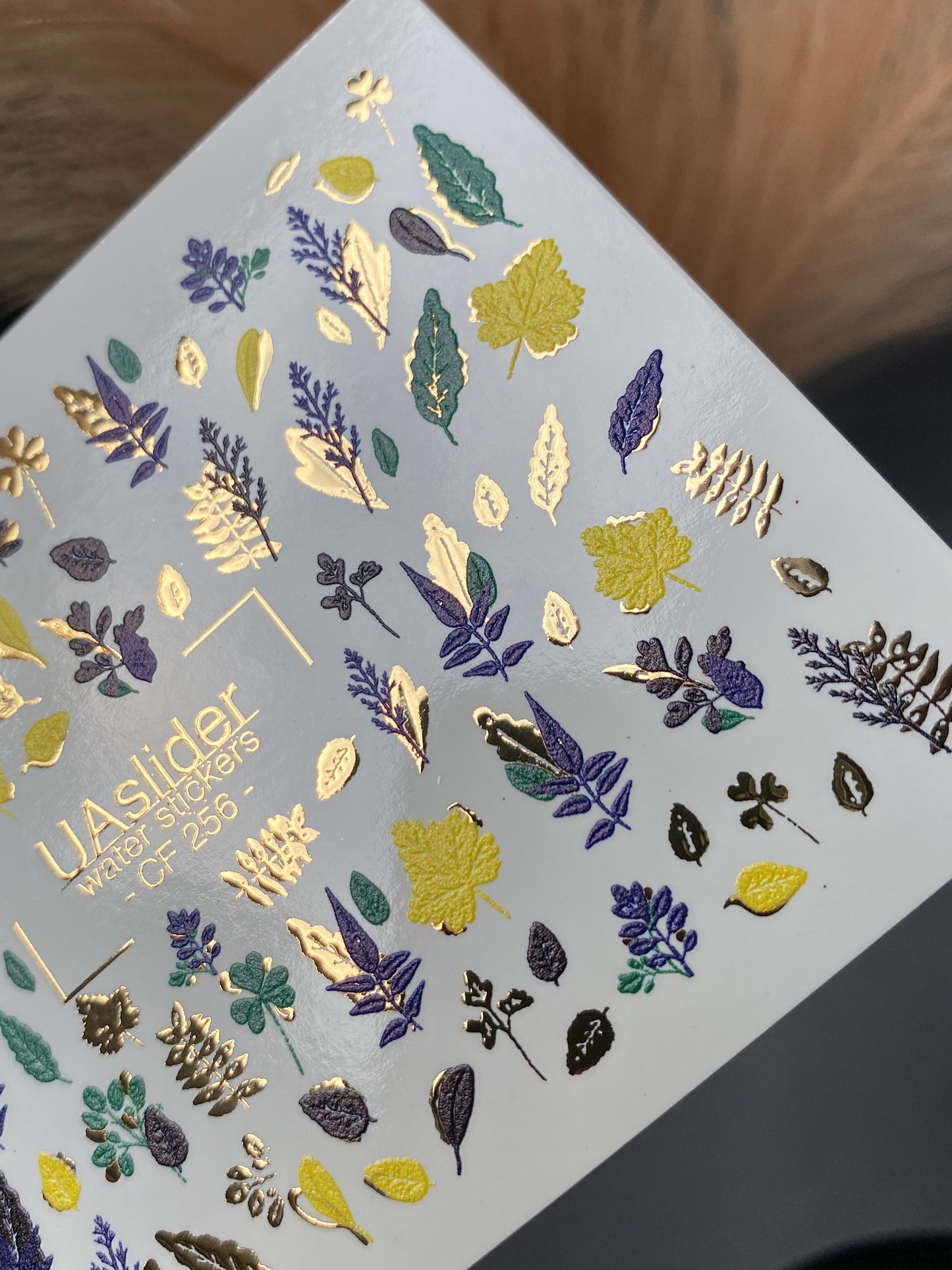 Nail Water Decal CF-256 | Botanical Water Slide Nail Decals | Yellow, Green & Blue Leaves with Gold Foil